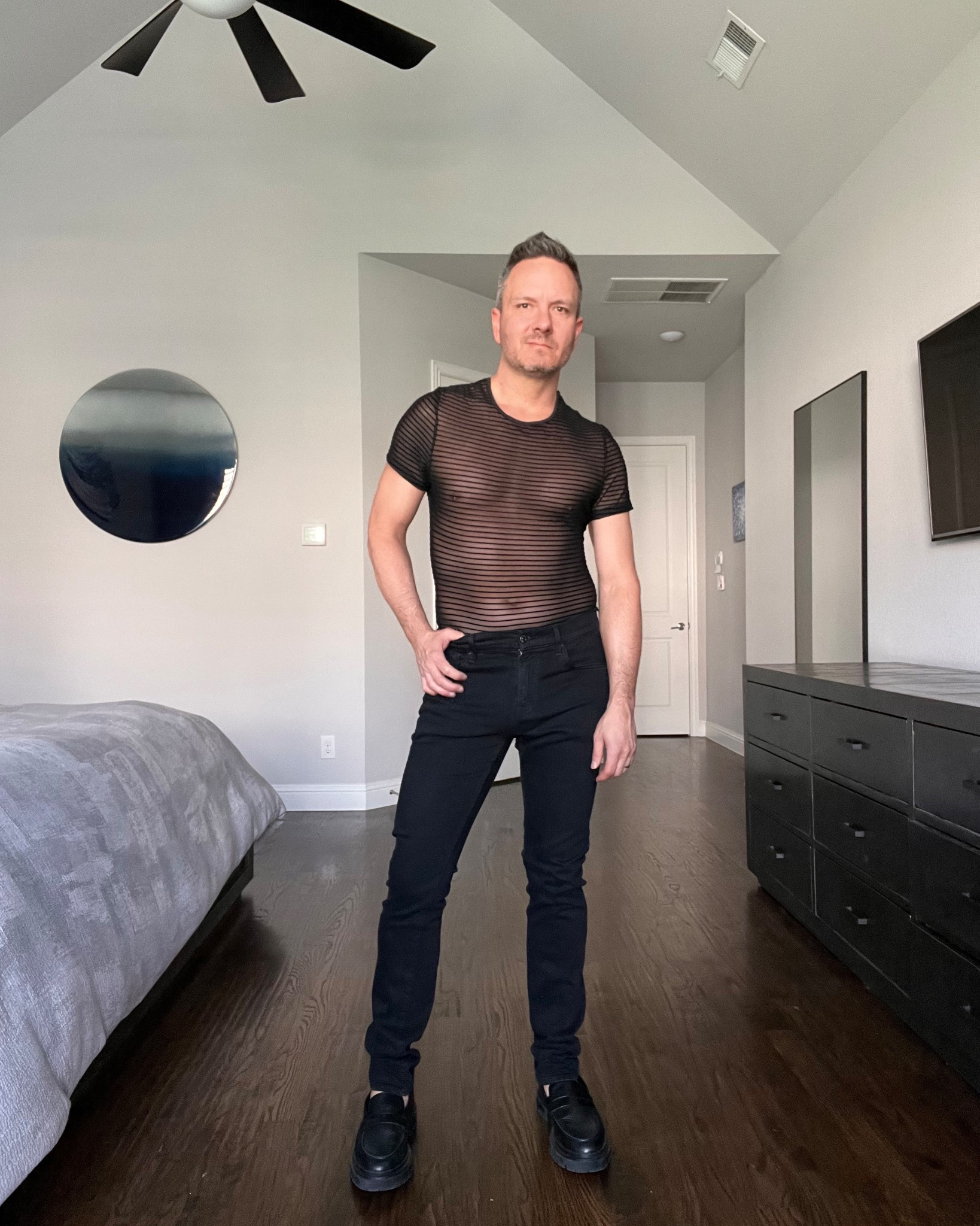 Sheer striped black tee adds texture without bulk and gives a sharper edge to an all-black outfit. Slim black jeans and loafers keep it polished. This is your go-to for nights out, concerts, or anywhere you want something a little more statement but still wearable.

#allblackoutfit #mensnightout #sheerstyle #mensfashionpost

#LTKSeasonal #LTKMens #LTKFestival