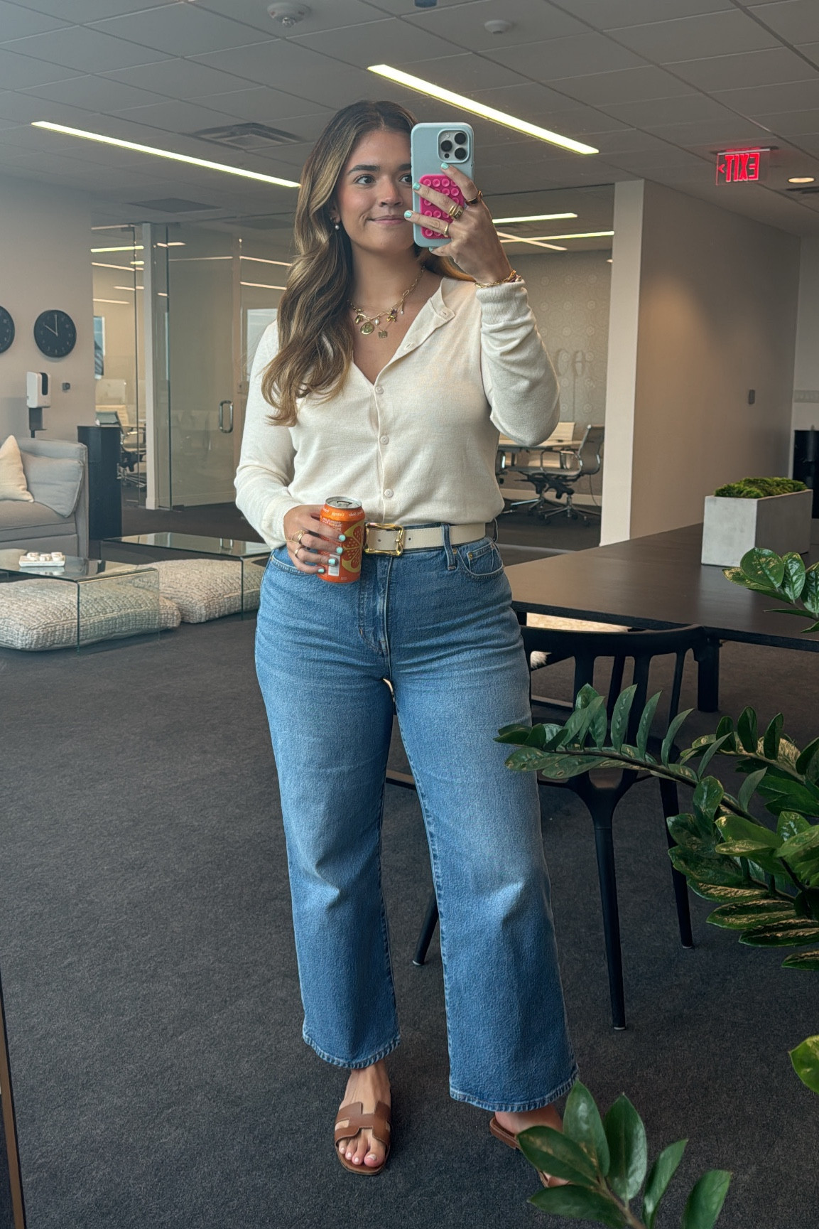 Today’s office outfit! Mango beige cardigan, mango white belt, j.crew jeans, Hermes sandals (steve madden dupe linked) 

#LTKStyleTip
