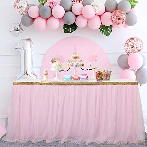 Pink Tulle Table Skirt Tutu Table Skirts with Gold Trim for Rectangle Tables Baby Shower Girl Unicor | Amazon (US)