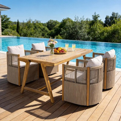ModernLuxe 5-Piece Outdoor Patio Dining Set, 4 Swivel Rope Wicker Chairs & Acacia Wood Table, Weather-Resistant Set with Cushions, Beige | Target