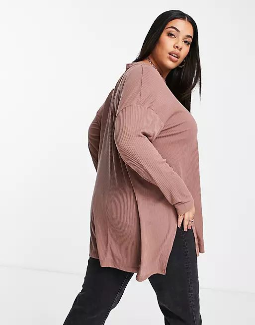 ASOS DESIGN Curve top with side slits and long sleeves in clean ribbed in dusty rose | ASOS (Global)