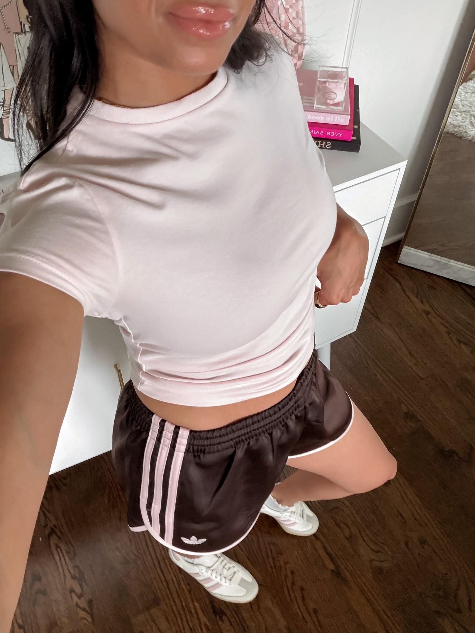 Adidas satin sprinter shorts
Chocolate brown and pink shorts
Adidas baby pink samba sneakers
White and pink sambas

#LTKgrwm #LTKootd #LTKSaleAlert