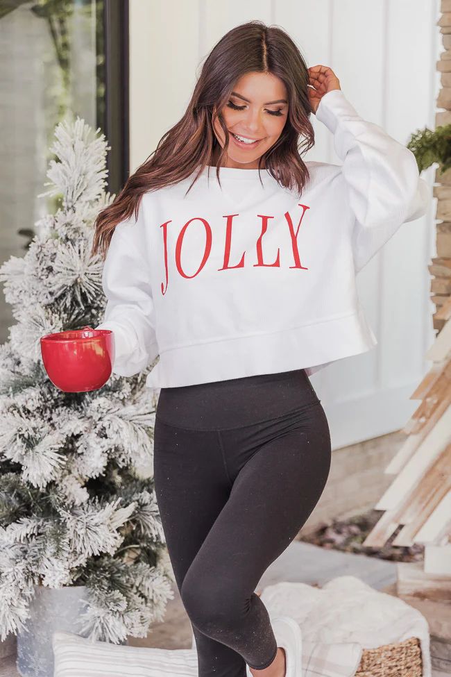 Jolly Varsity White Cropped Corded Graphic Sweatshirt | The Pink Lily Boutique