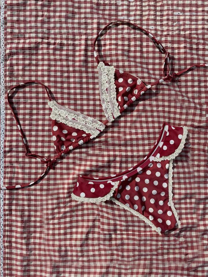 Swim Mod Women's Polka Dot Lace Trim Bikini Set | SHEIN