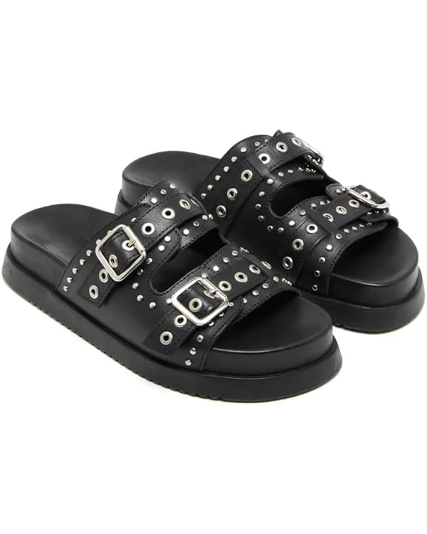 Womens Flat Slide Sandals Double Strap Adjustable Buckle Slip on Slides Shoes Stud Flatform Sanda... | Amazon (US)