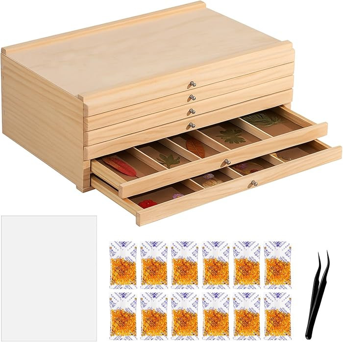 6 Drawer Wooden Pressed Flower Storage Box Set Artist Supply Storage Organizer with Blotting Pape... | Amazon (US)