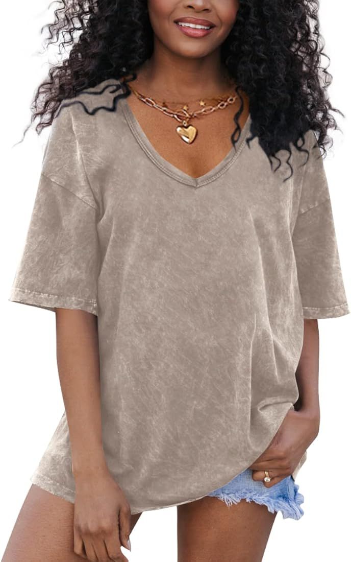 Flowyair Womens Oversized T Shirts Summer Loose Fit Cotton Short Sleeve Basic Tees Casual V Neck ... | Amazon (US)