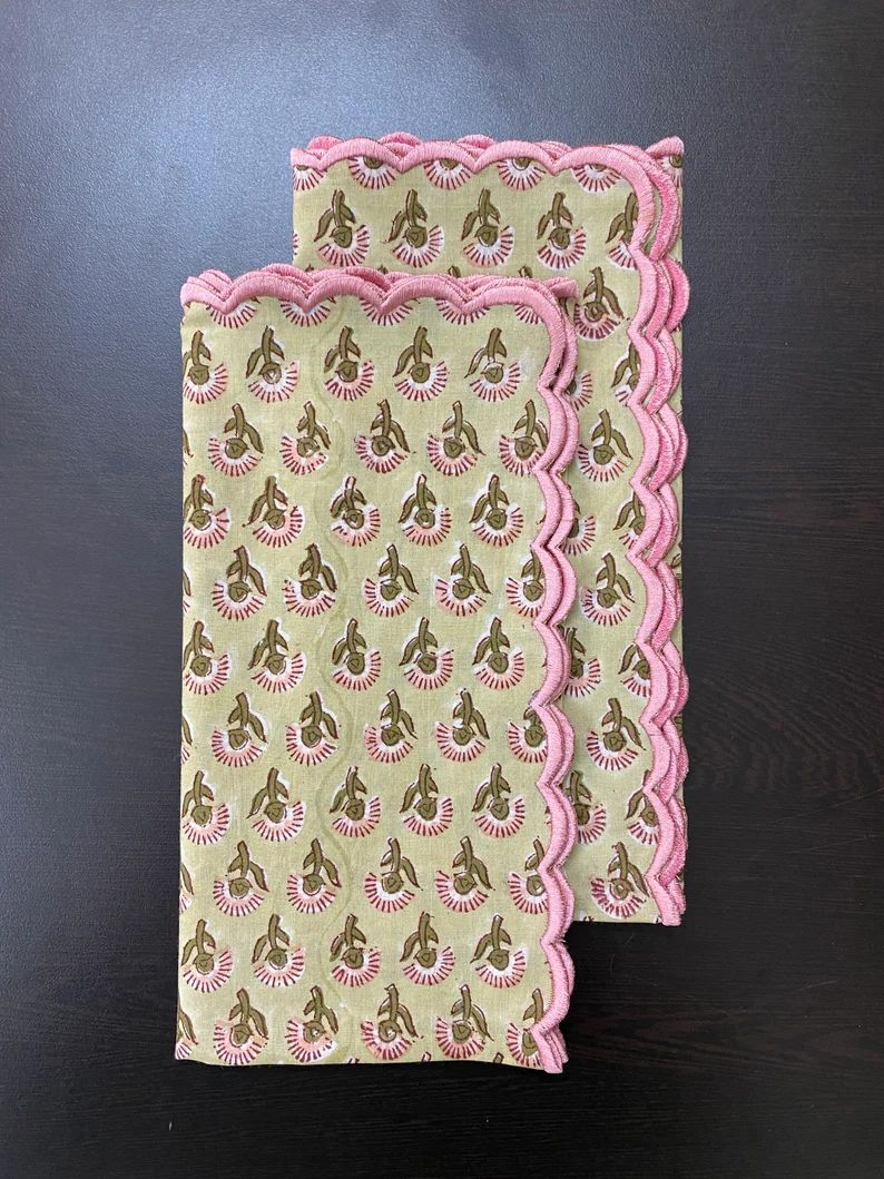 Moss Green Coral Pink Cloth Napkins Cotton Napkins India | Etsy | Etsy (US)