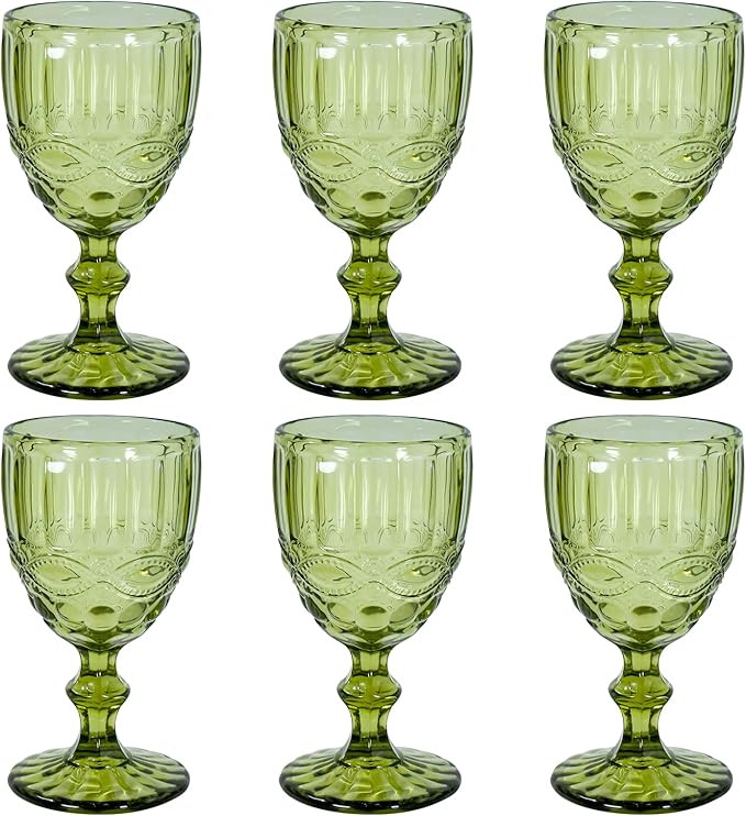 Vintage Wine Glasses Set of 6, 8 OZ Colored Glass Water Goblets, Embossed Floral Decorative Cryst... | Amazon (US)
