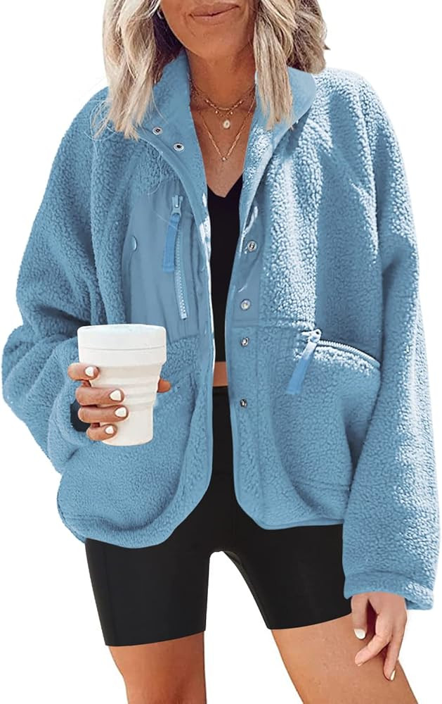 Nirovien Womens Fuzzy Fleece Jacket Button Down Shacket Casual Sherpa Coats Warm Outwear With Poc... | Amazon (US)