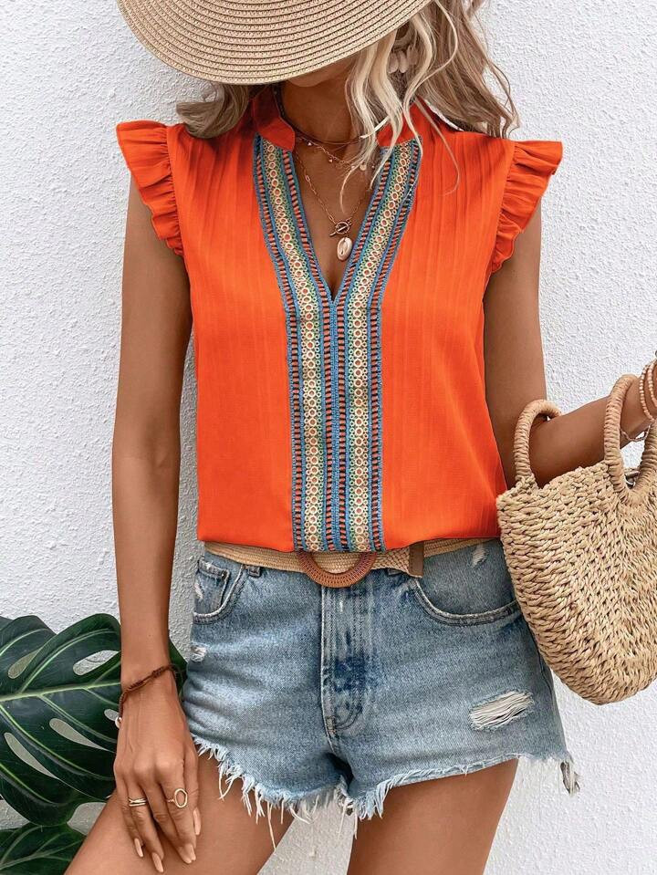 SHEIN LUNE V-Neck Ruffle Trim Random Floral Casual Vacation Shirt | SHEIN