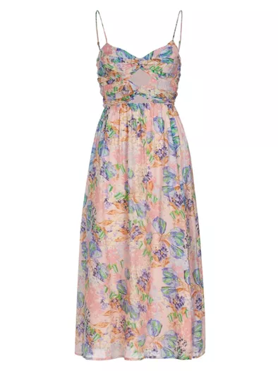Floral V-Neck Pleated Cut-Out Ruffle Hem Maxi Dress