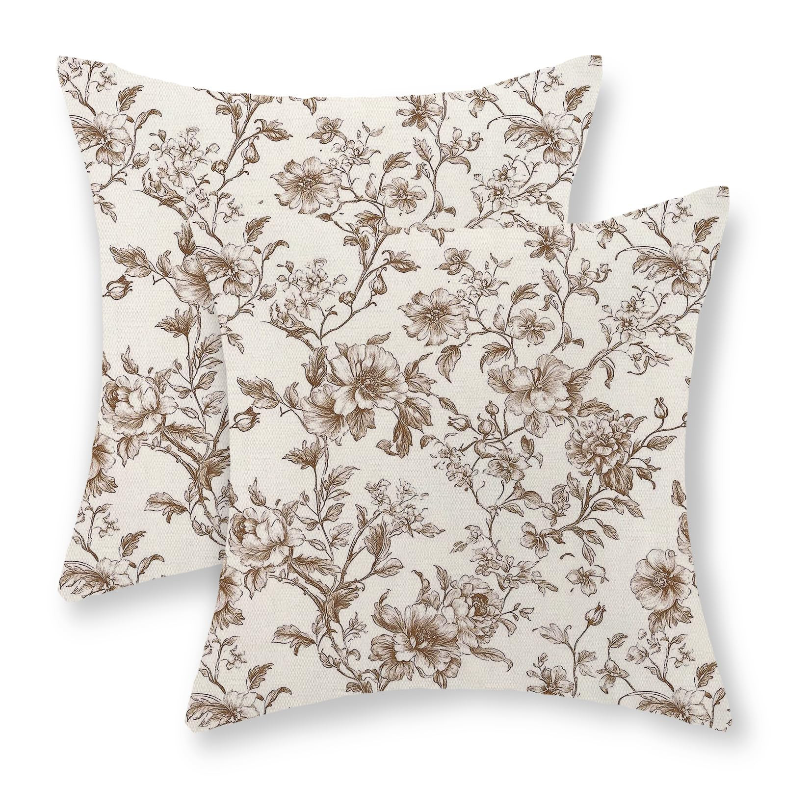 Brown Pillow Covers 18x18 Set of 2 Brown and Cream Floral Chinoiserie Throw Pillows Vintage Rusti... | Amazon (US)