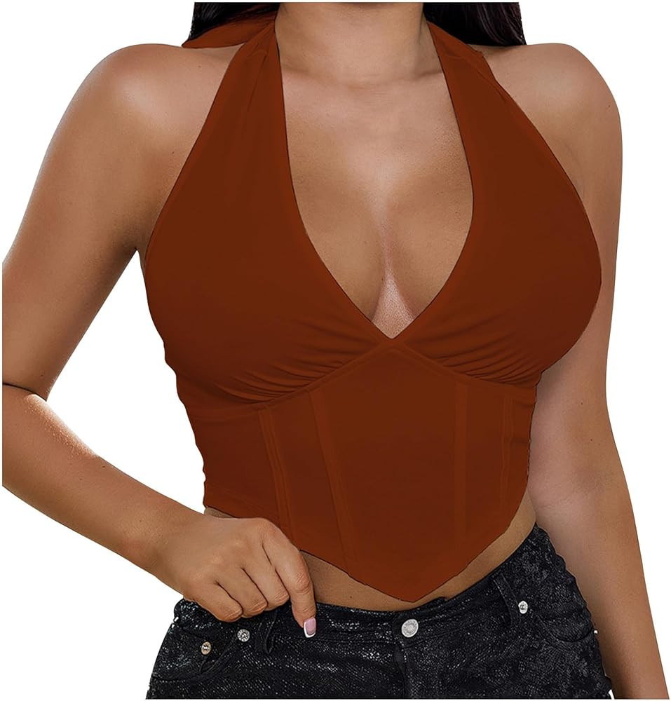 Women's Summer Sexy Halter V Neck Tie Back Cami Crop Tops Fashion Y2k Streetwear Going Out Corset... | Amazon (US)