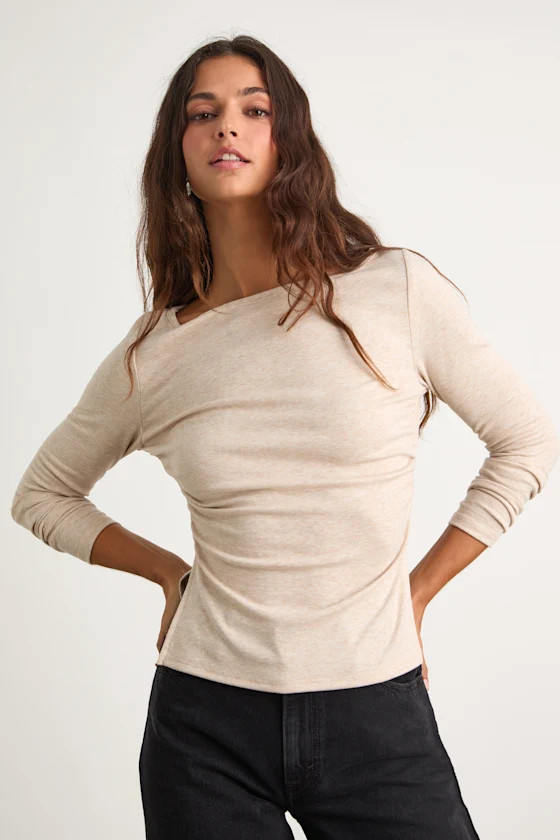 Mehra Heathered Beige Boat Neck Side Slit Long Sleeve Top | Lulus