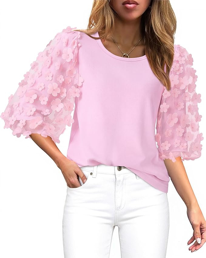 Women Blouses Summe Casual Crew Neck Cotton Tshirts 3/4 Puff Sleeve with Mesh Appliques Fall Tops... | Amazon (US)