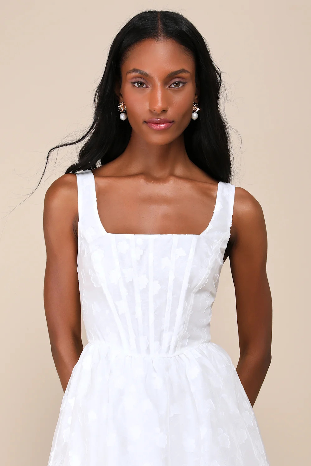 Sweet Potential White Floral Burnout Bustier Tiered Midi Dress | Lulus