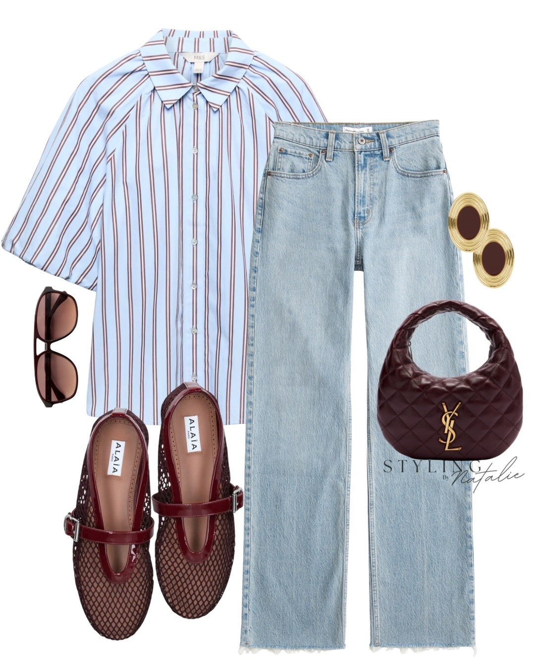 Casual spring style, Blue/red stripe short sleeve shirt, relaxed style jeans, ALAÏA mesh ballet flats, Saint Laurent bag & sunglasses, date night, London city break stylee

#LTKstyletip #LTKuk #LTKspring