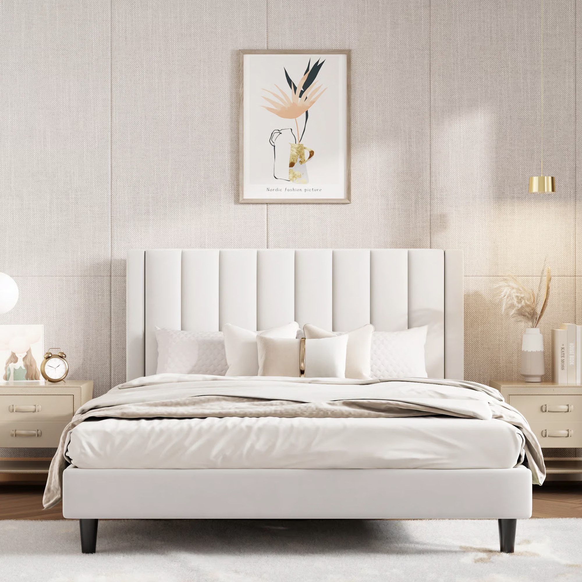 Stauton Upholstered Platform Bed with Velvet and Striped Headboard | Wayfair North America