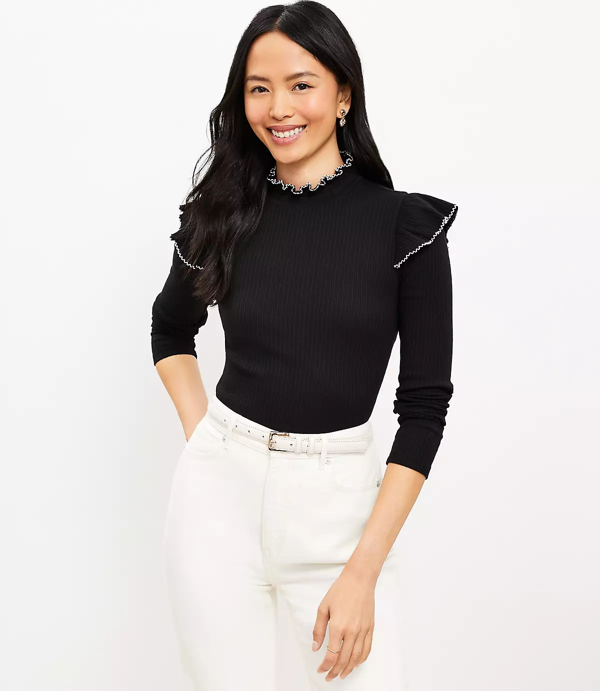 Pointelle Ribbed Ruffle Top | LOFT
