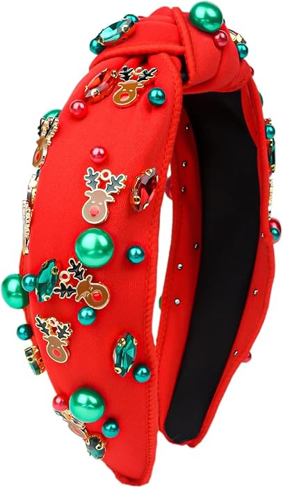 TULOBI Christmas Headband for Women Knotted Headband Xmas Red Green Pearls Rhinestone Crystal Jew... | Amazon (US)