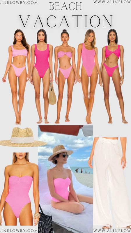 Beach vacation outfit I wore to my tropical getaway. One piece pink swimsuit, pink bikini, two piece swimsuit. Coverup pants, straw hat. 

#LTKstyletip #LTKU #LTKswim