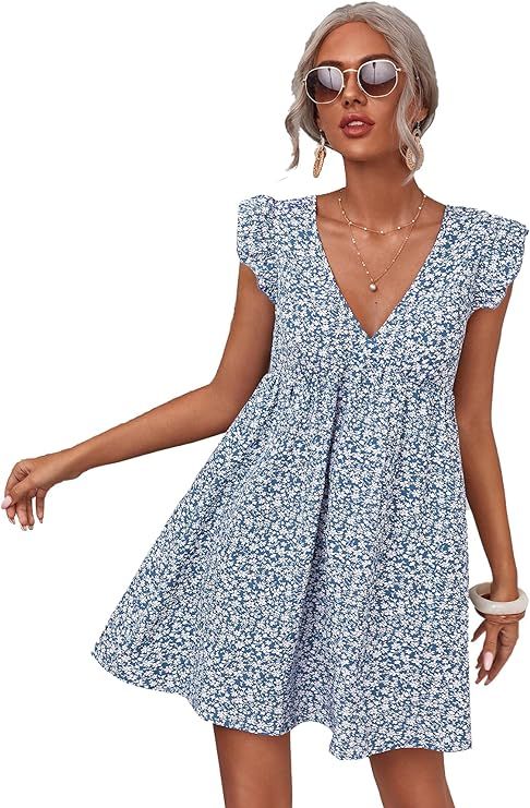 MakeMeChic Women's Cap Sleeve V Neck Ditsy Floral Tie Back Ruffle Smocked Dress | Amazon (US)