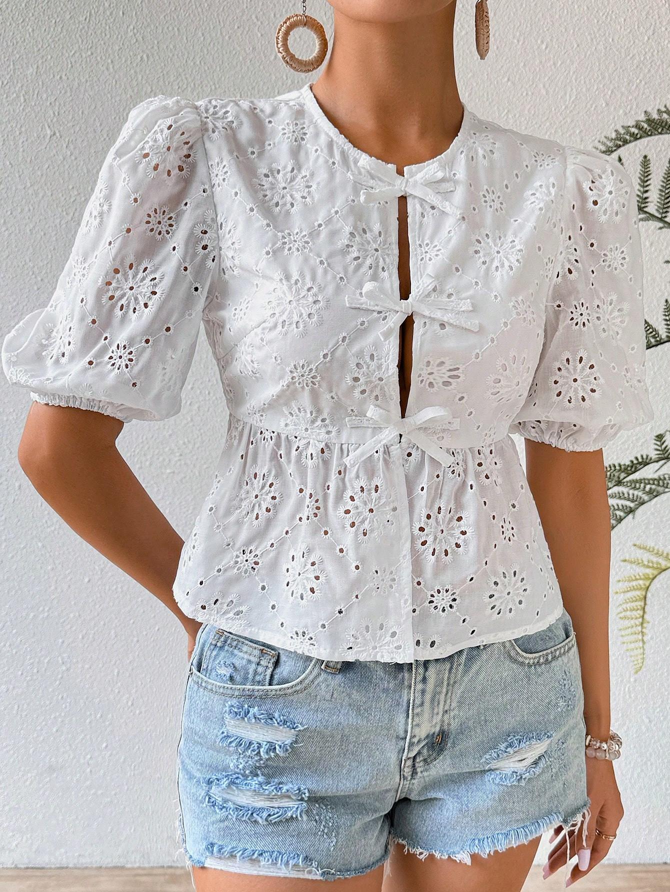 SHEIN VCAY Hollow Jacquard Lace-Up Shirt With Puff Sleeves | SHEIN