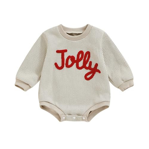 Hnyenmcko Newborn Baby Girl Boy Christmas Outfit Letter Print Sweatshirt Romper Long Sleeve Santa Oversized Bubble Bodysuit (CJ-Khaki B, 9-12 Months) | Amazon (US)