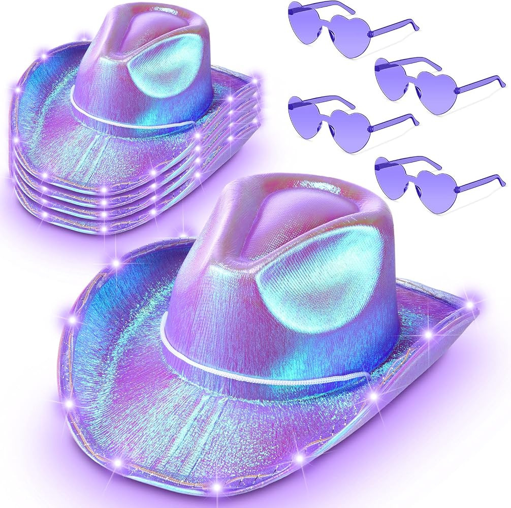Zhanmai 8 Pieces Cowboy Hat LED Light Up Hat and Heart Sunglasses Sparkly Space Cowgirl Hat for W... | Amazon (US)