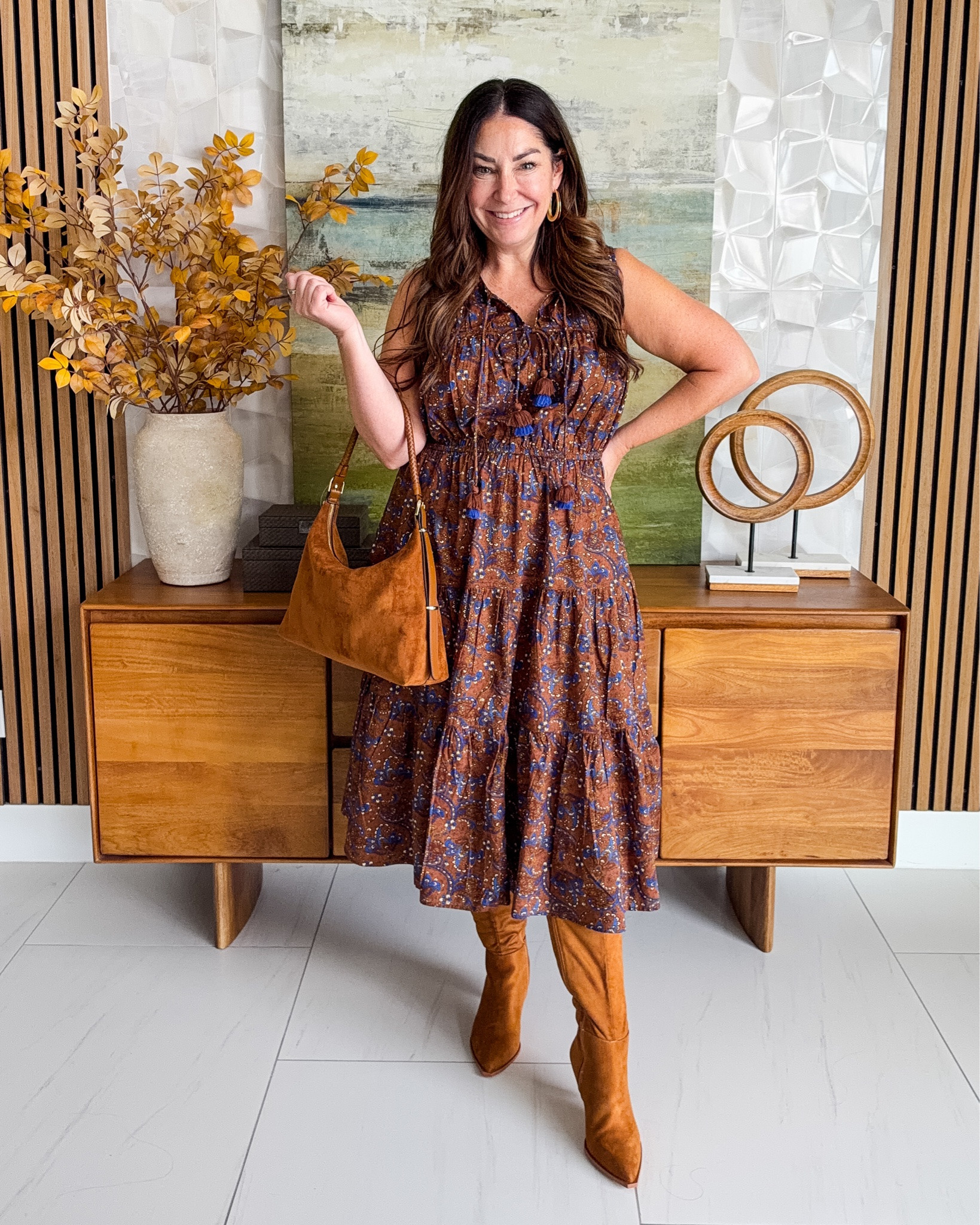 This dress has the BEST fall colors 🍂🤎 The paisley print with those warm cognac boots and suede bag is such an easy fall outfit. Cute for brunch, dinner or a fall weekend away! Wearing tts, L

#LTKSeasonal #LTKOver40 #LTKMidsize