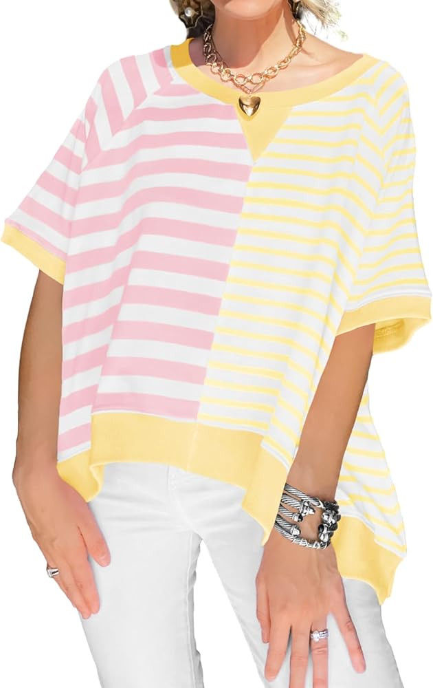 Tankaneo Womens Oversized T Shirts Summer Short Sleeve Striped Color Block Loose Fit Tops 2025 Tr... | Amazon (US)