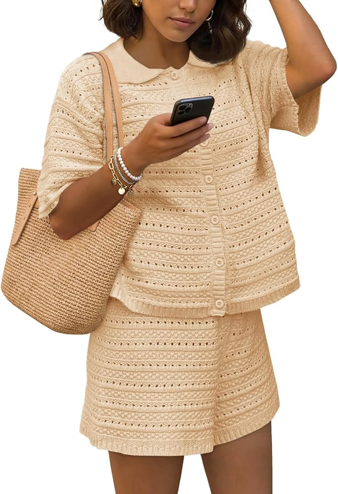 Fisoew Womens Shorts Sets 2 Piece Crochet Outfits Short Sleeve Button Knit Tops and Shorts Summer... | Amazon (US)