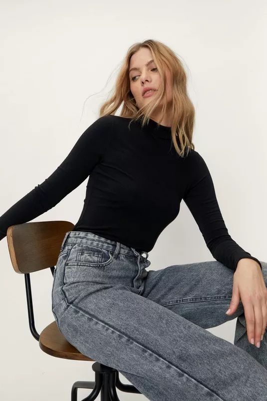 Recycled Funnel Neck Long Sleeve Ribbed Top | Nasty Gal (US)