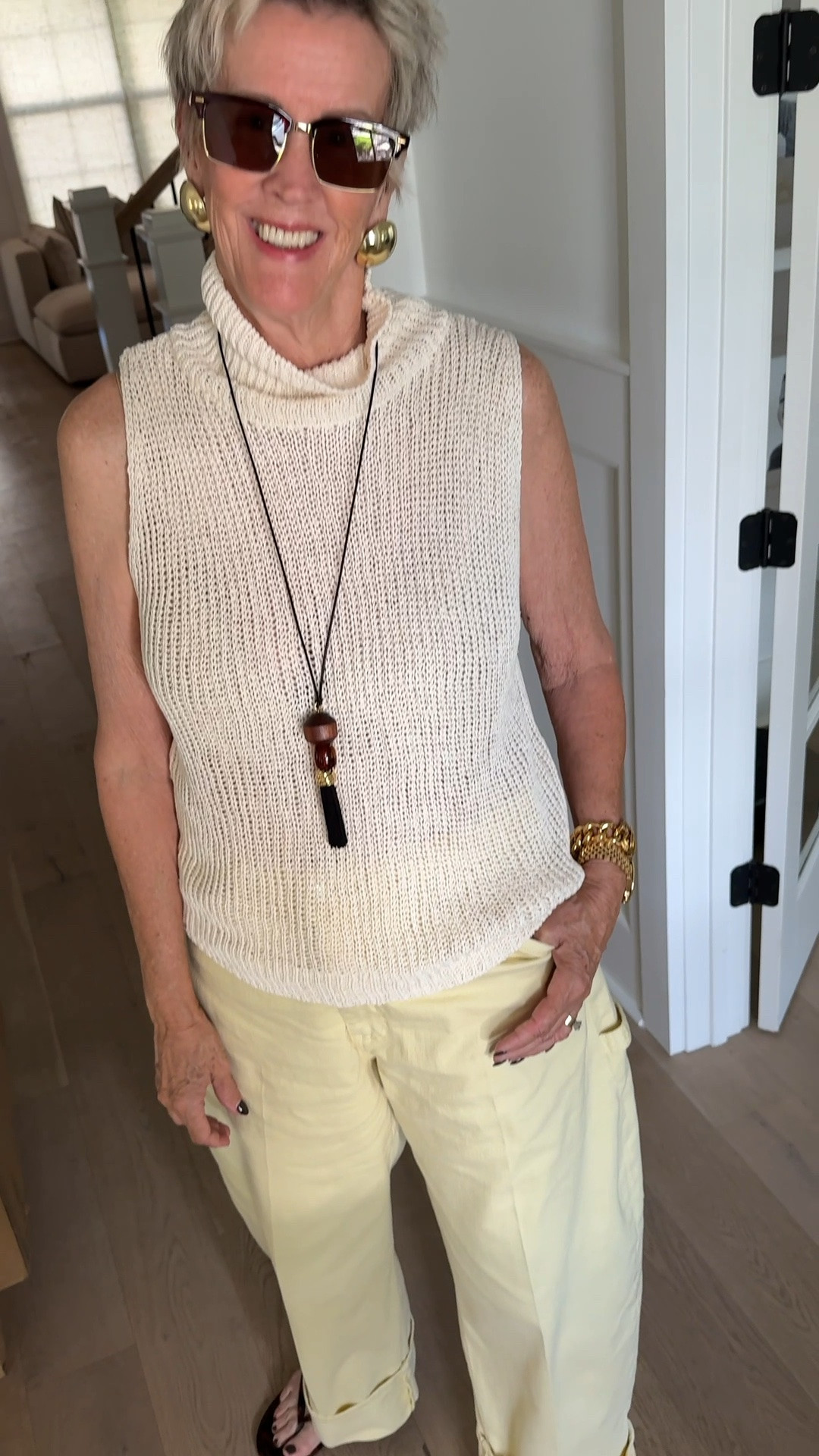 butter yellow denim + a summer sweater