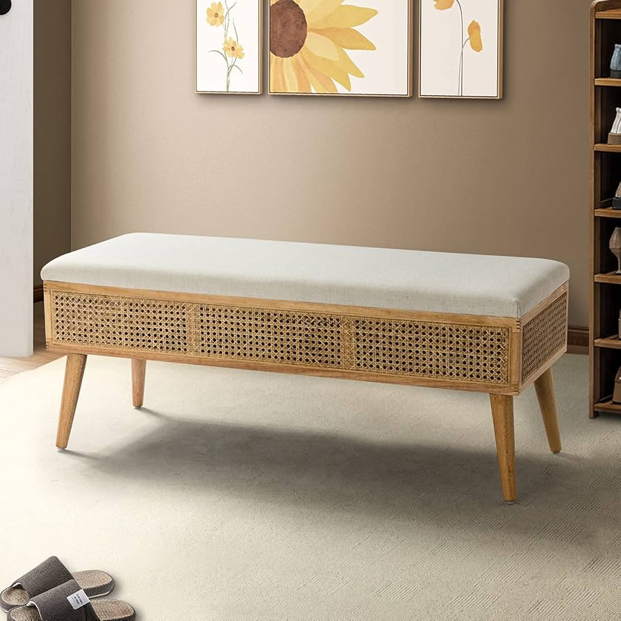 HULALA HOME Rattan Bedroom Bench with Wooden Legs, Boho Upholstered Accent Ottoman Bench Long Se... | Amazon (US)
