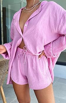 Summer Women's Casual Two Pieces Tracksuit Half Sleeve Button-Down Shirt High Waisted Shorts Set | Amazon (US)