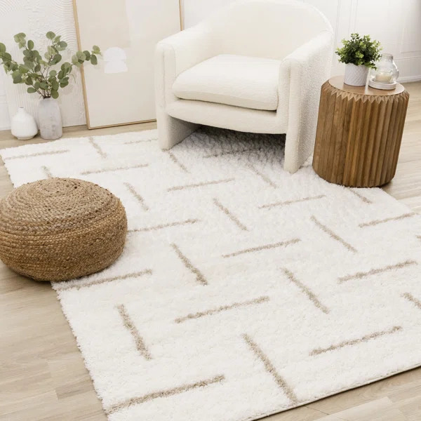 Rustem Cream Beige Dashes Medium-Pile Soft Shag Indoor Area Rug | Wayfair North America