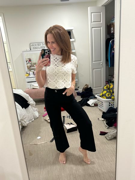 This crochet top w my magic pants (the Colette from Anthropologie!) for a work event  Wearing XS top and my true size 26 in pants. 

#LTKworkwear #LTKover40 #LTKfindsunder100