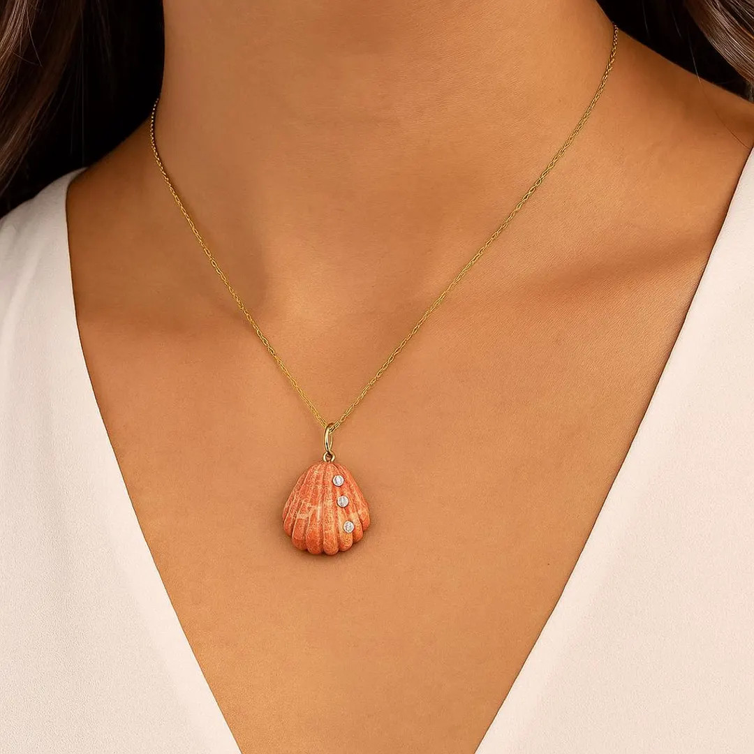 14K Gold Plated Hand Carved Coral Shell Pendant Necklace, Seashell Charm, Gemstone Jewelry - Etsy | Etsy (Global)