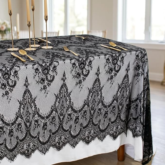 Black Lace Tablecloth 60x120 Inch Rectangle Sheer Wedding Party Home Decor | Amazon (US)
