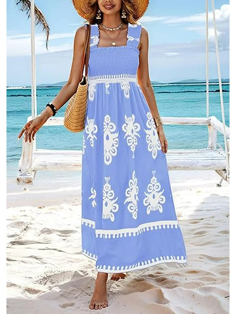 PRETTYGARDEN Womens Summer Boho Maxi Dress Casual Sleeveless Square Neck Floral Aline Smocked Bea... | Walmart (US)