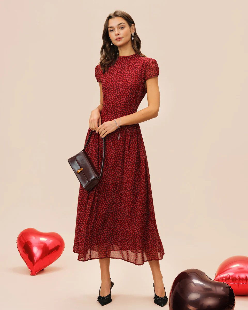 Red Cap Sleeve Floral Maxi Dress | rihoas.com