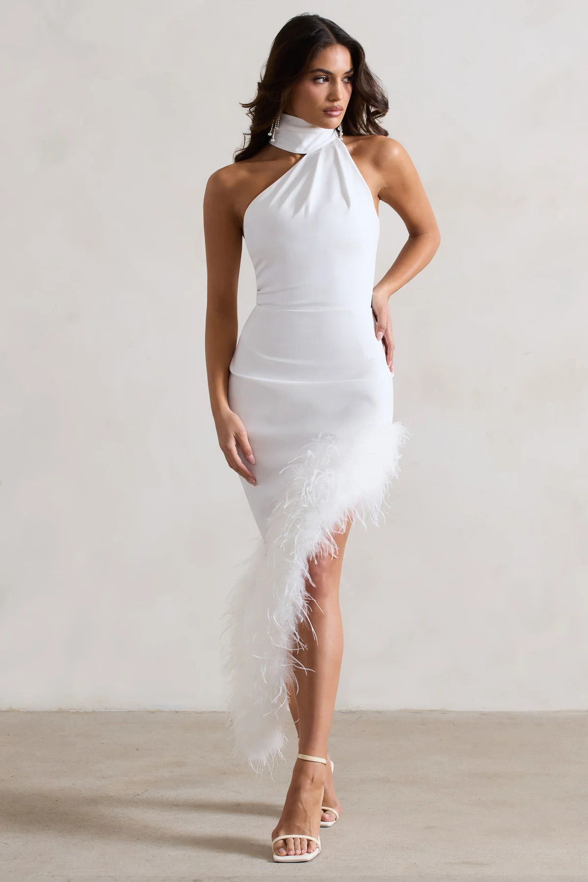 Brilliance | White Asymmetric Maxi Dress With Feather Trim | Club L London