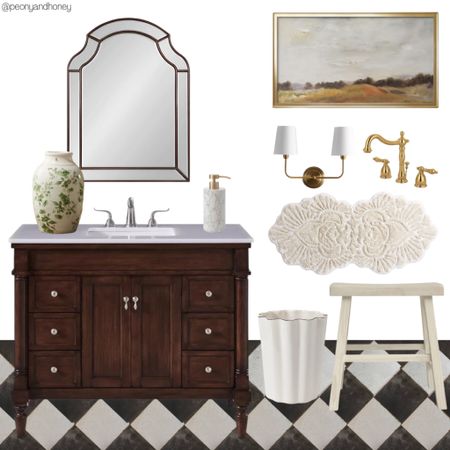 Check out this English vintage transitional style bathroom with all the bath accessories and fixtures!  #vanity #bathroom #bathroomvanity #transitional #vintage #homedecor 

#LTKhome
