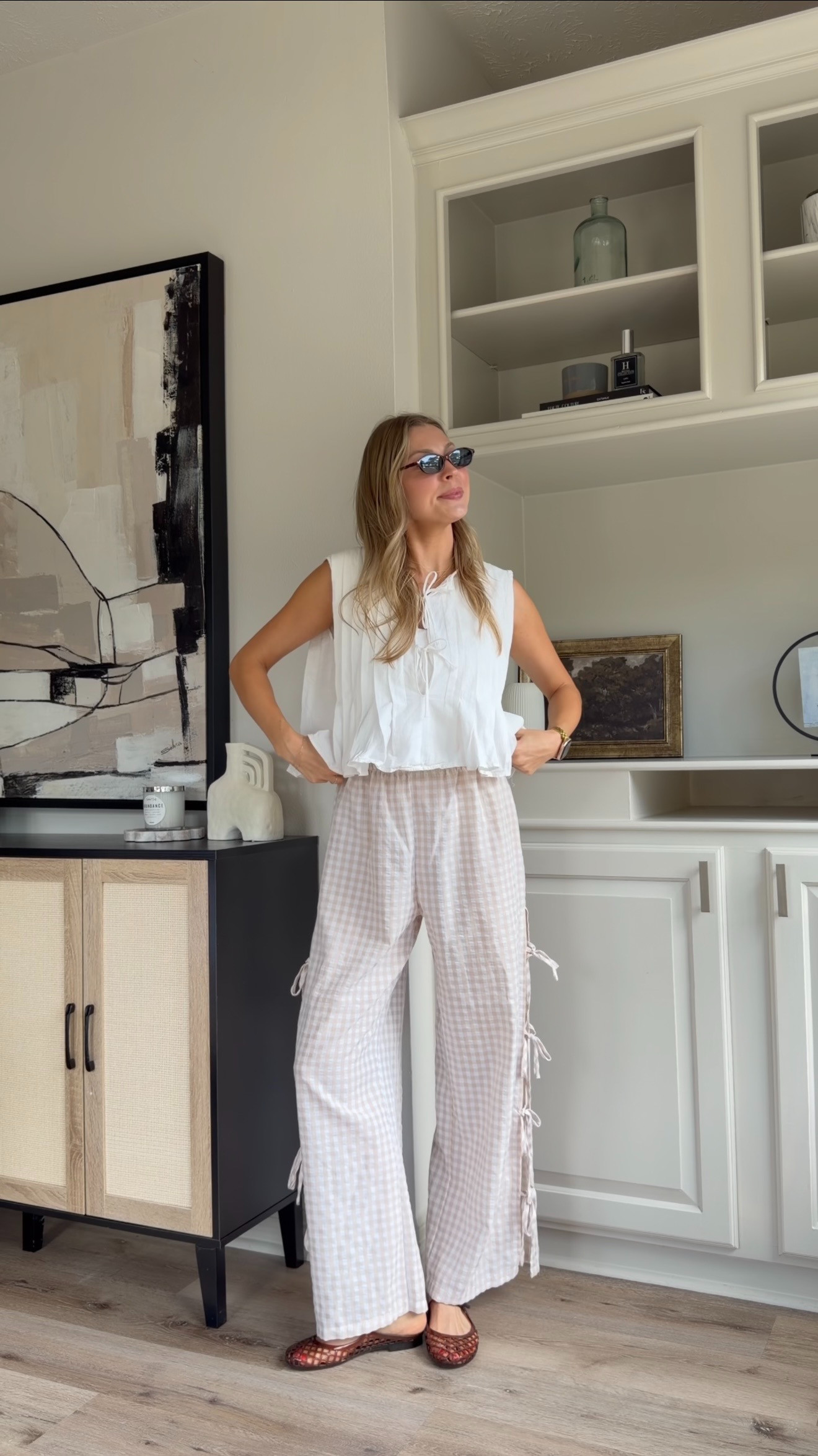Cute casual summer outfit inspo | S in top + M in gingham pants 

 
