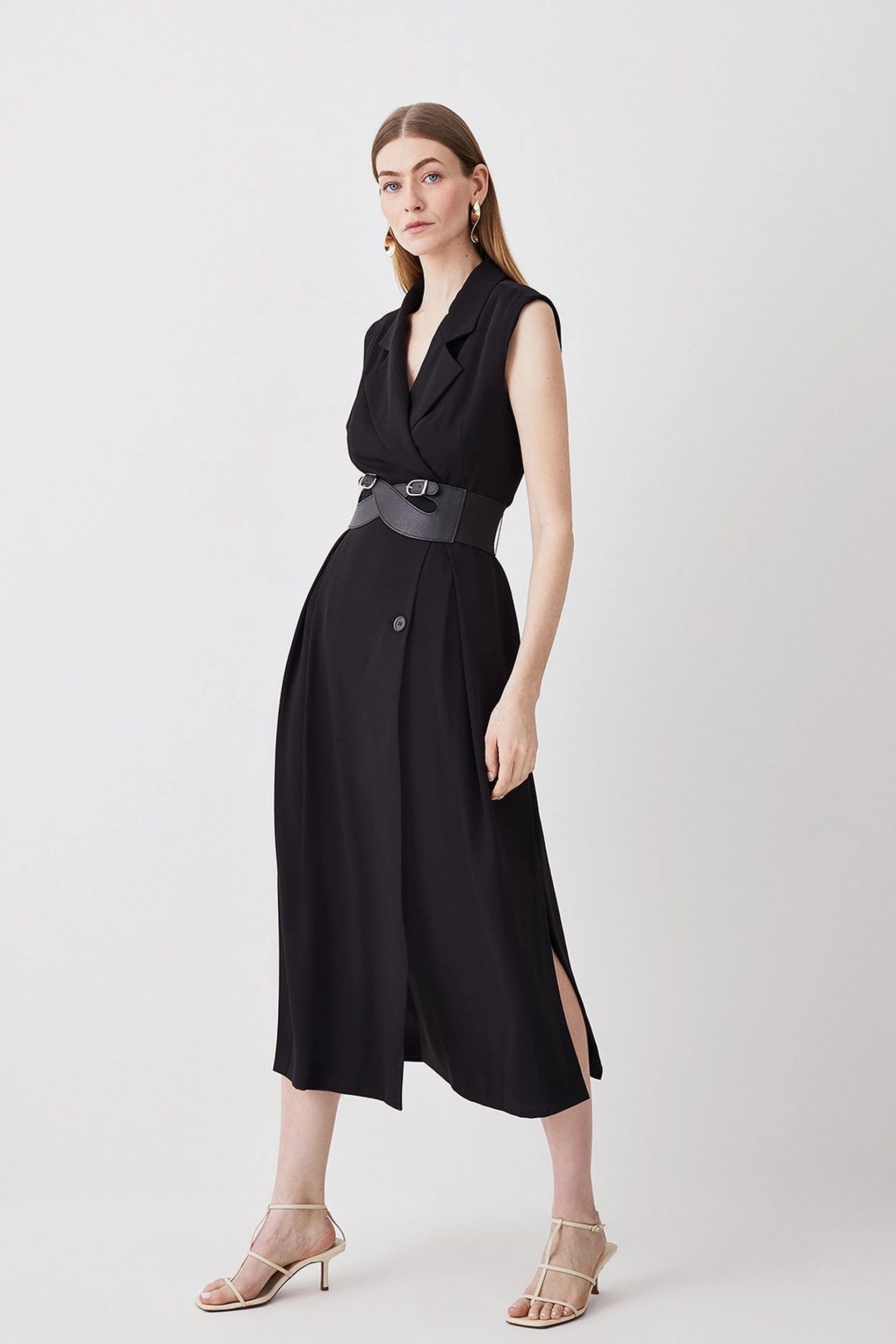 Petite Tailored Strong Shoulder Belted Midi Dress | Karen Millen UK + IE + DE + NL