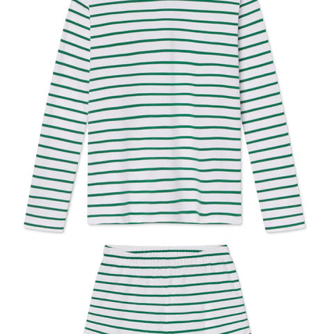 Pima Crew Long-Short Set in Classic Green Anchor Stripe | Lake Pajamas