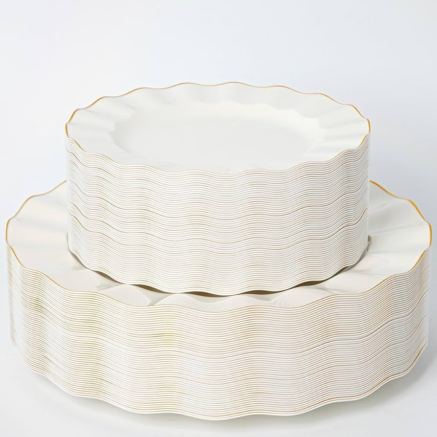 HIGH END 100 Pcs Ivory Wave Plastic Plates with Gold Trim, Fancy Disposable Plate Sets Include 50... | Amazon (US)