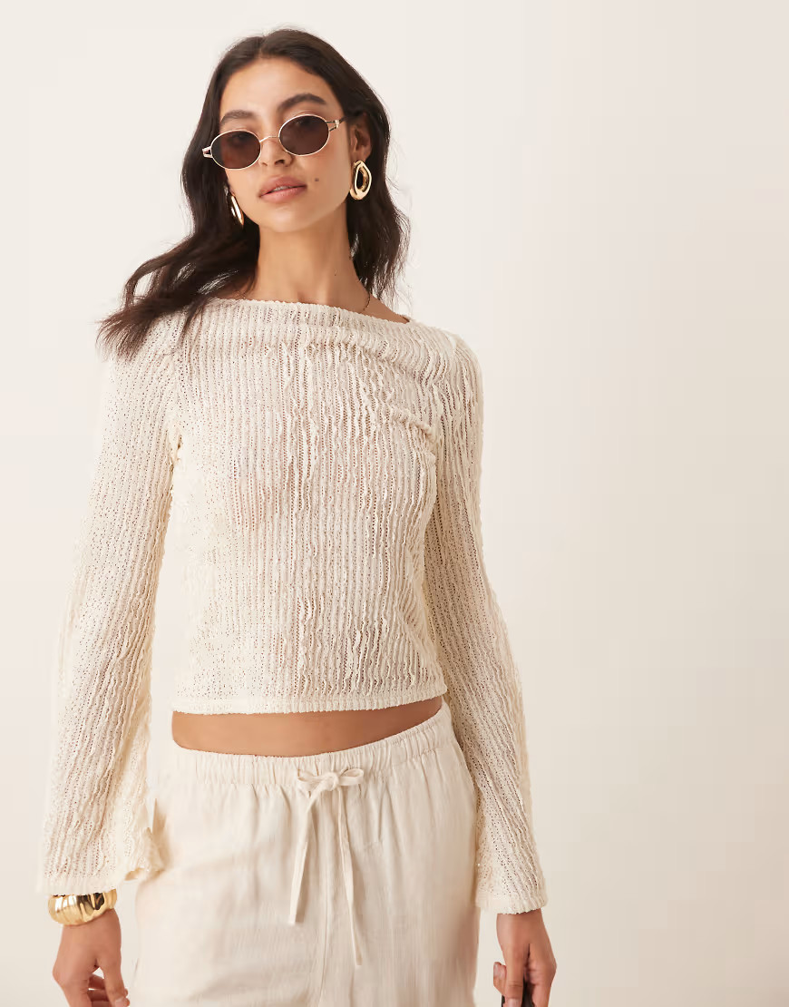 ASOS DESIGN textured flare sleeve top in white | ASOS (Global)
